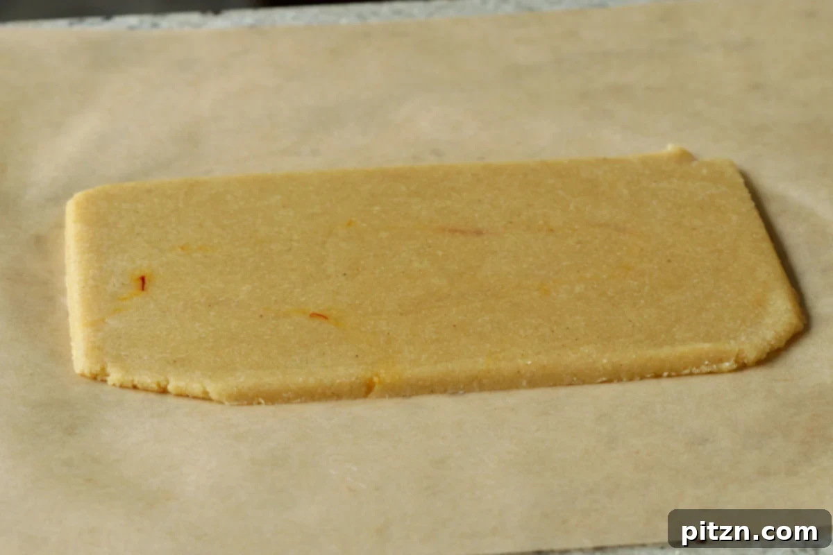 The peda dough after being rolled and precisely sliced into a perfect rectangle, ready for the filling.