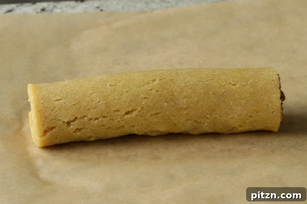The peda dough, with its Gujiya filling, fully rolled into a tight log, showcasing the potential for beautiful swirls.