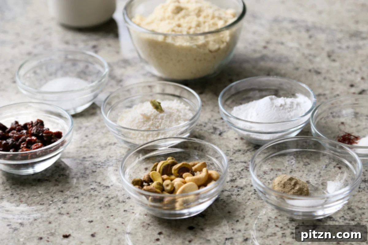 Bowls filled with individual Gujiya and Peda ingredients, including almond flour, pistachios, coconut, and spices, neatly arranged on a kitchen counter.