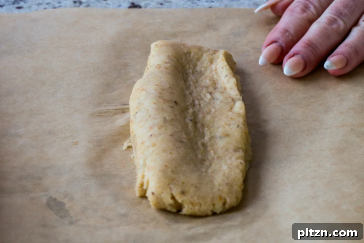 Ultimate Gluten-Free Vegan Wellington 24 Transferring half of the chilled gluten-free dough onto parchment paper, ready for rolling.