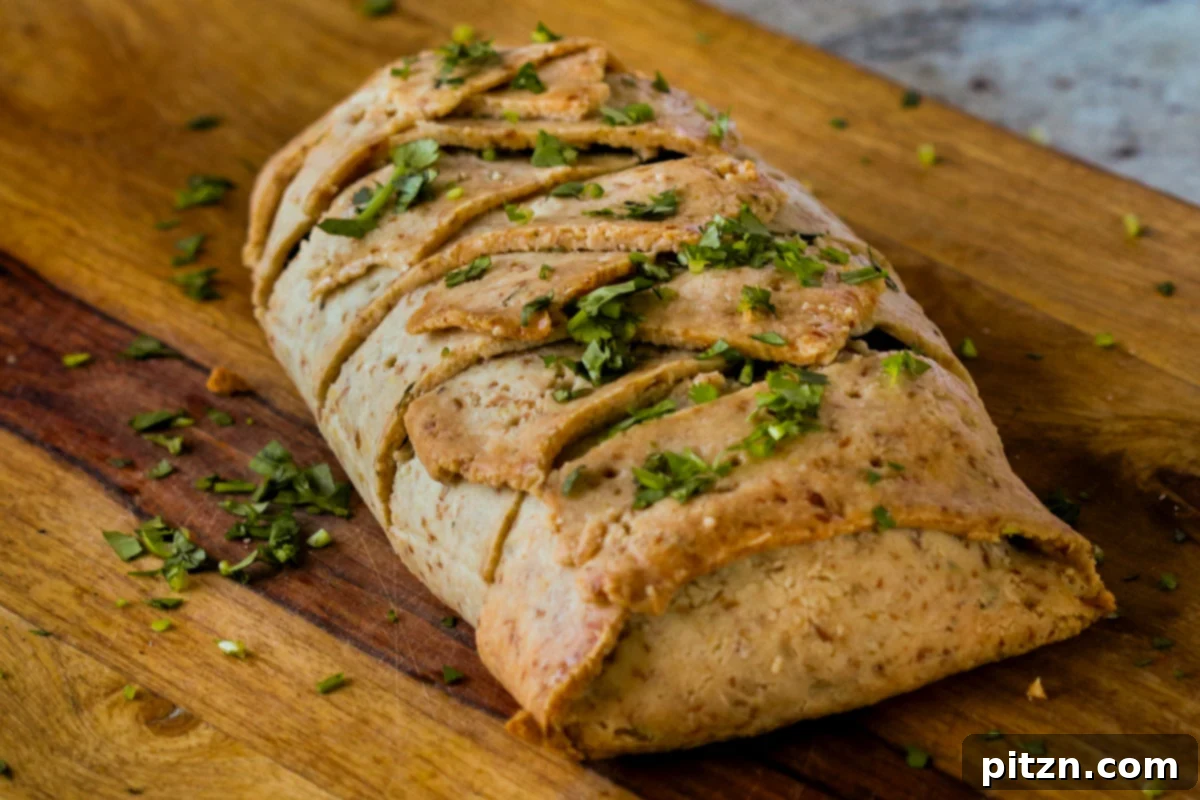 Ultimate Gluten-Free Vegan Wellington 31 A freshly baked Gluten-Free Vegan Wellington resting on a cutting board, its golden crust hinting at the deliciousness within.
