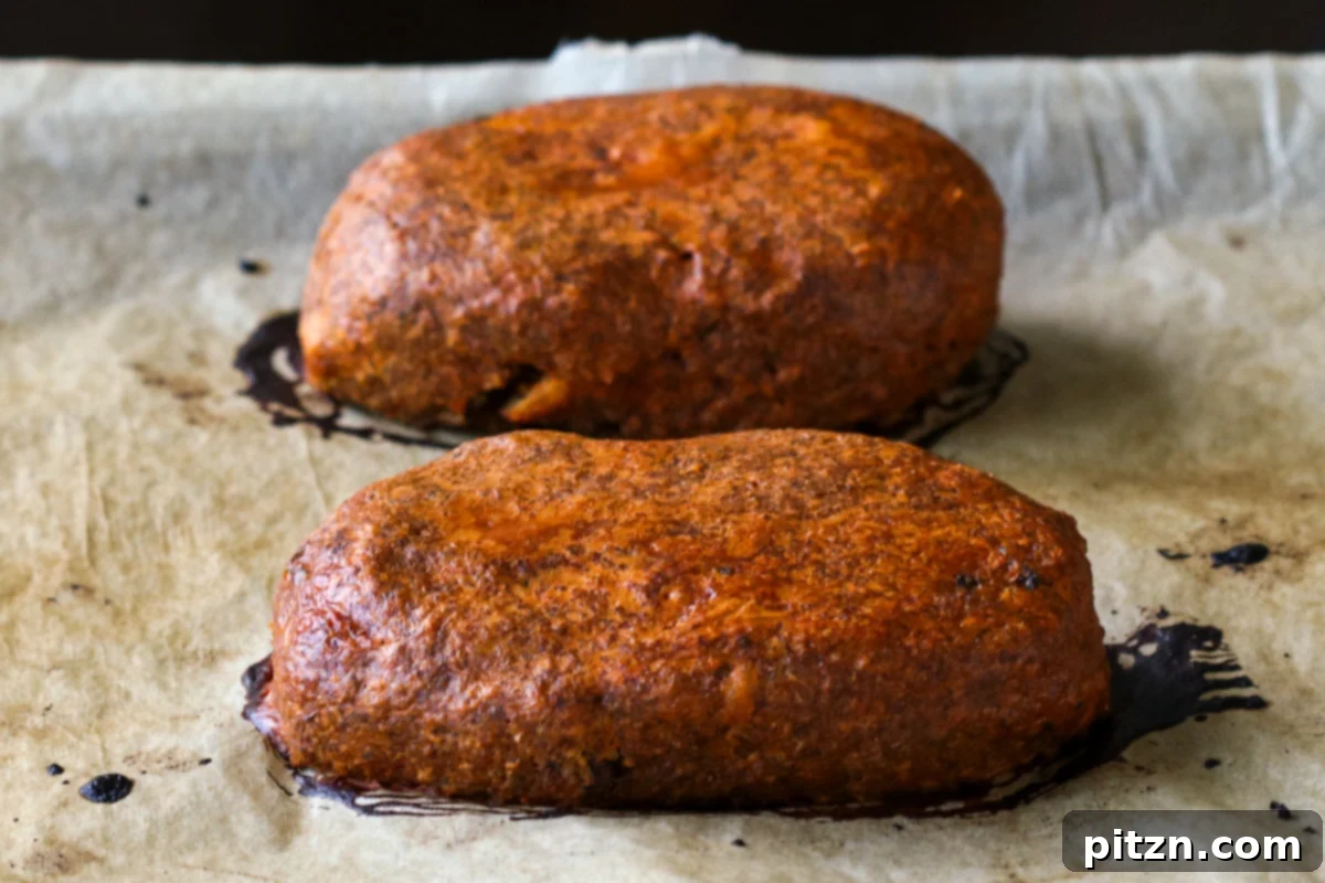 The two baked chickpea loaves, golden brown and perfectly cooked, freshly removed from the oven and ready to cool.