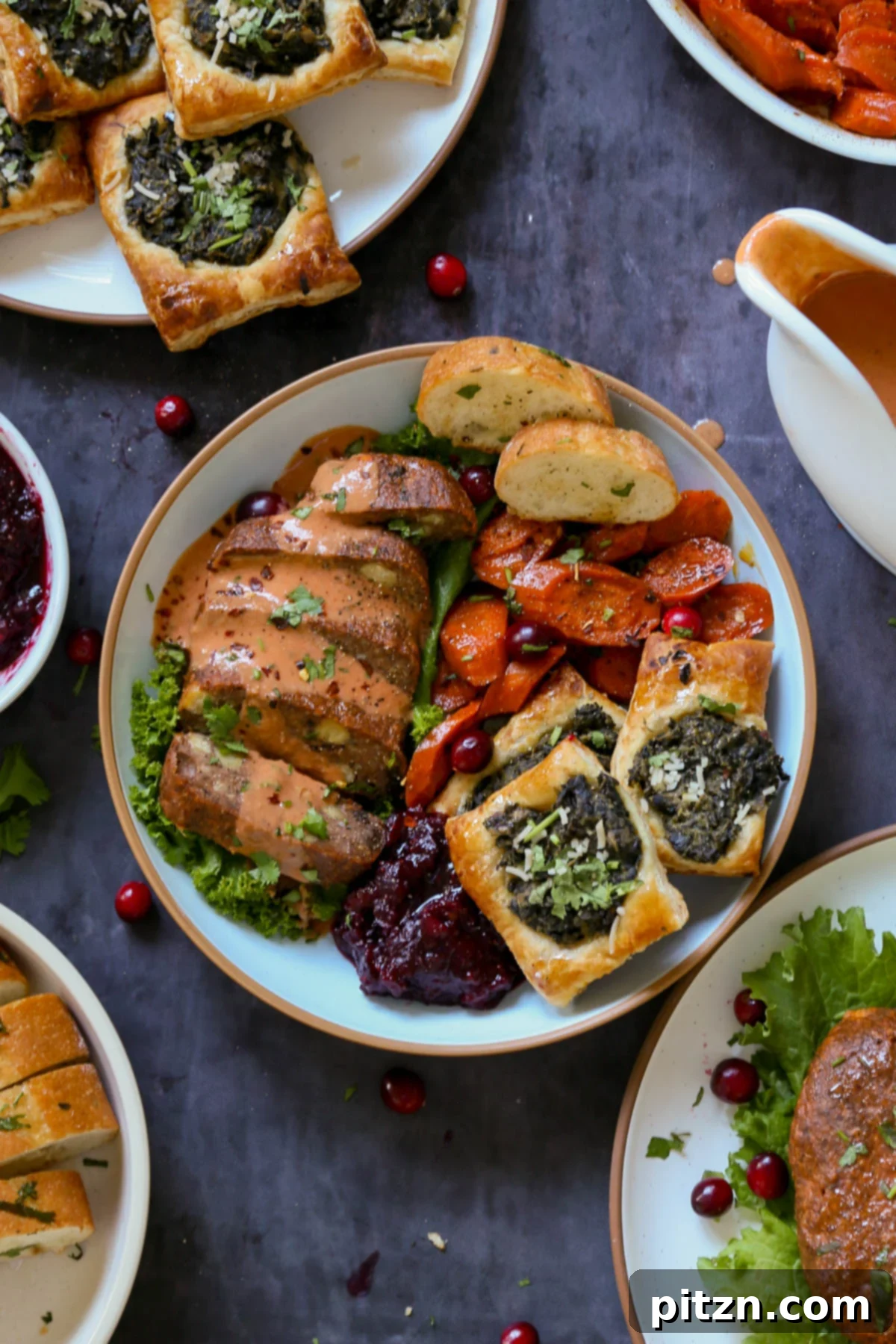 An inviting plate showcasing the chickpea loaf with butter gravy, beautifully arranged alongside other Indian-inspired vegan Thanksgiving side dishes.
