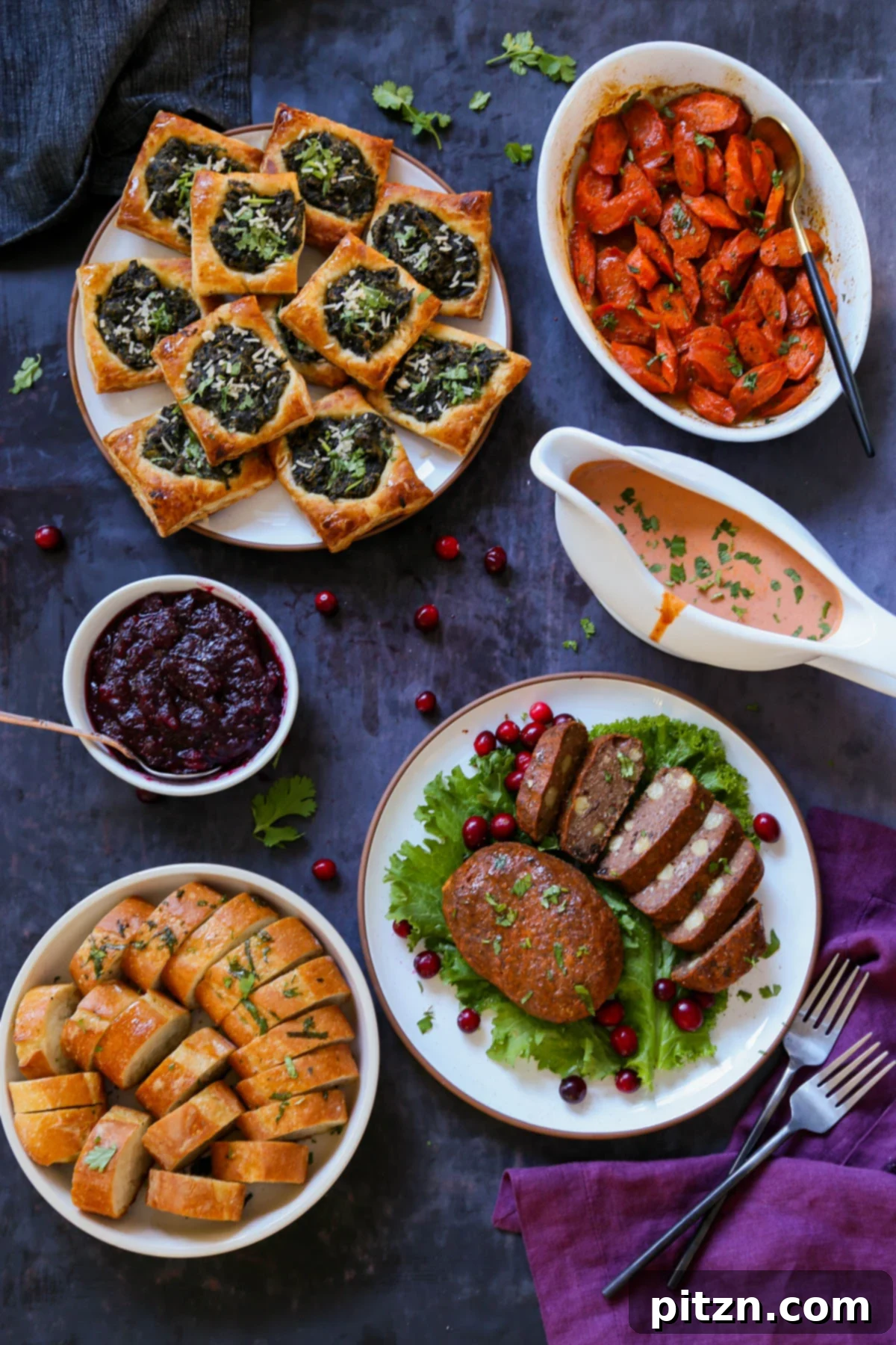 A beautifully composed plate featuring a slice of the chickpea loaf with butter gravy, presented alongside an array of colorful Indian-style vegan Thanksgiving dishes.