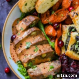 chickpea loaf on a plate as part of a vegan Indian Thanksgiving spread