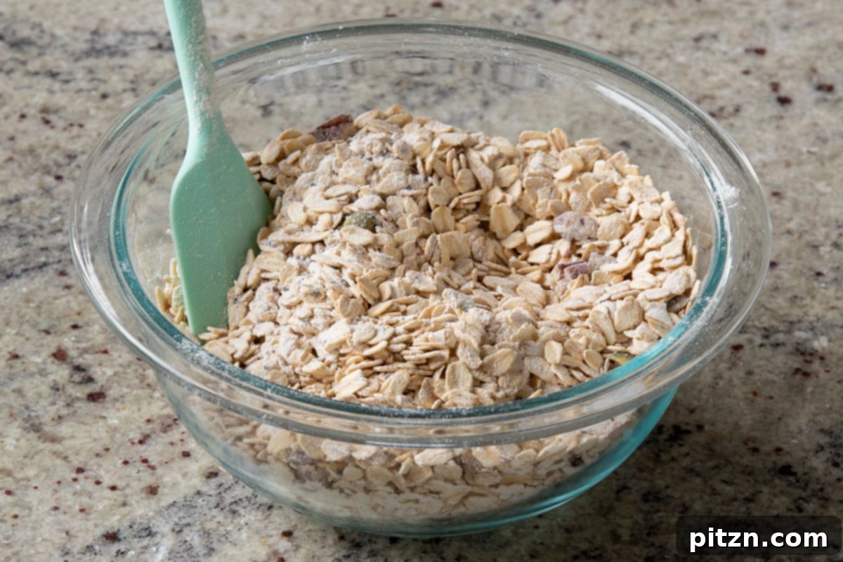 Cozy Baked Oatmeal Gift Mix 12 The completely mixed dry oats blend, ready to be used or stored, showcasing an even distribution of all ingredients.