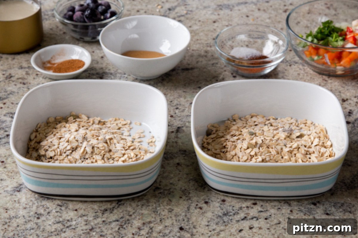 Cozy Baked Oatmeal Gift Mix 14 Dry oats mixture measured into two separate baking dishes, preparing for sweet and savory variations.