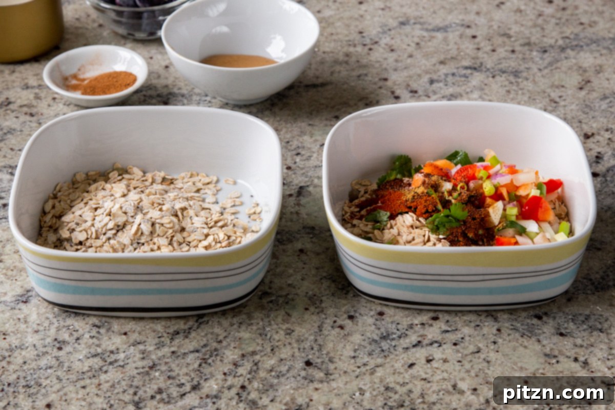 Cozy Baked Oatmeal Gift Mix 15 Savory baked oats ingredients, including spices, vegetables, and liquid, combined with the dry oats mix in a baking pan.