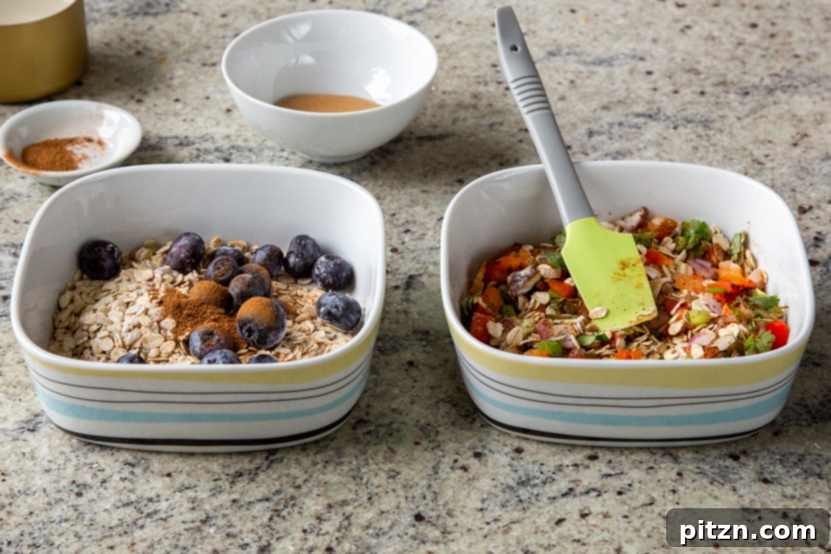 Cozy Baked Oatmeal Gift Mix 16 Sweet baked oats ingredients, including maple syrup, peanut butter, and blueberries, added to the dry oats mix in a separate pan.