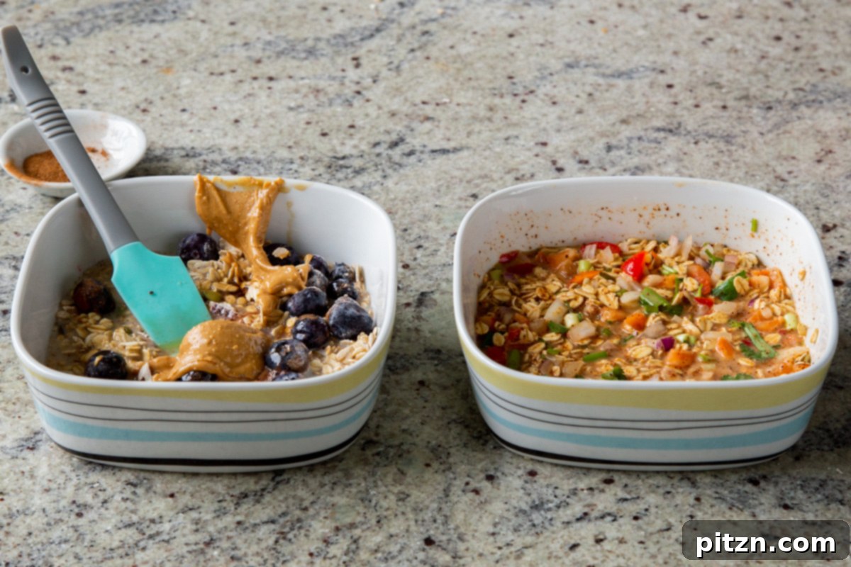 Cozy Baked Oatmeal Gift Mix 18 Wet ingredients, including milk and fruit, being incorporated into both the savory and sweet oats mixtures in their baking pans.