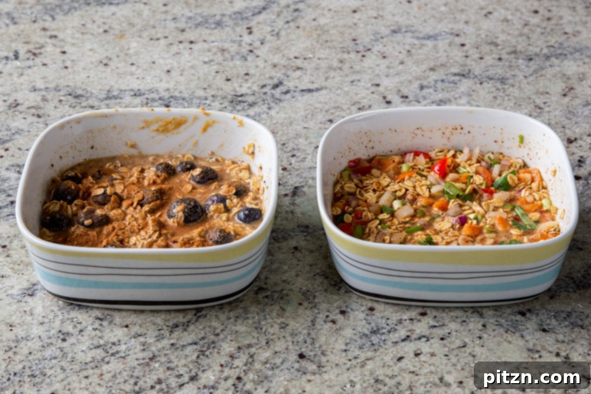 Cozy Baked Oatmeal Gift Mix 19 Both the PB&J baked oats and Tex-Mex baked oats mixtures neatly arranged in their respective baking dishes, prior to baking.