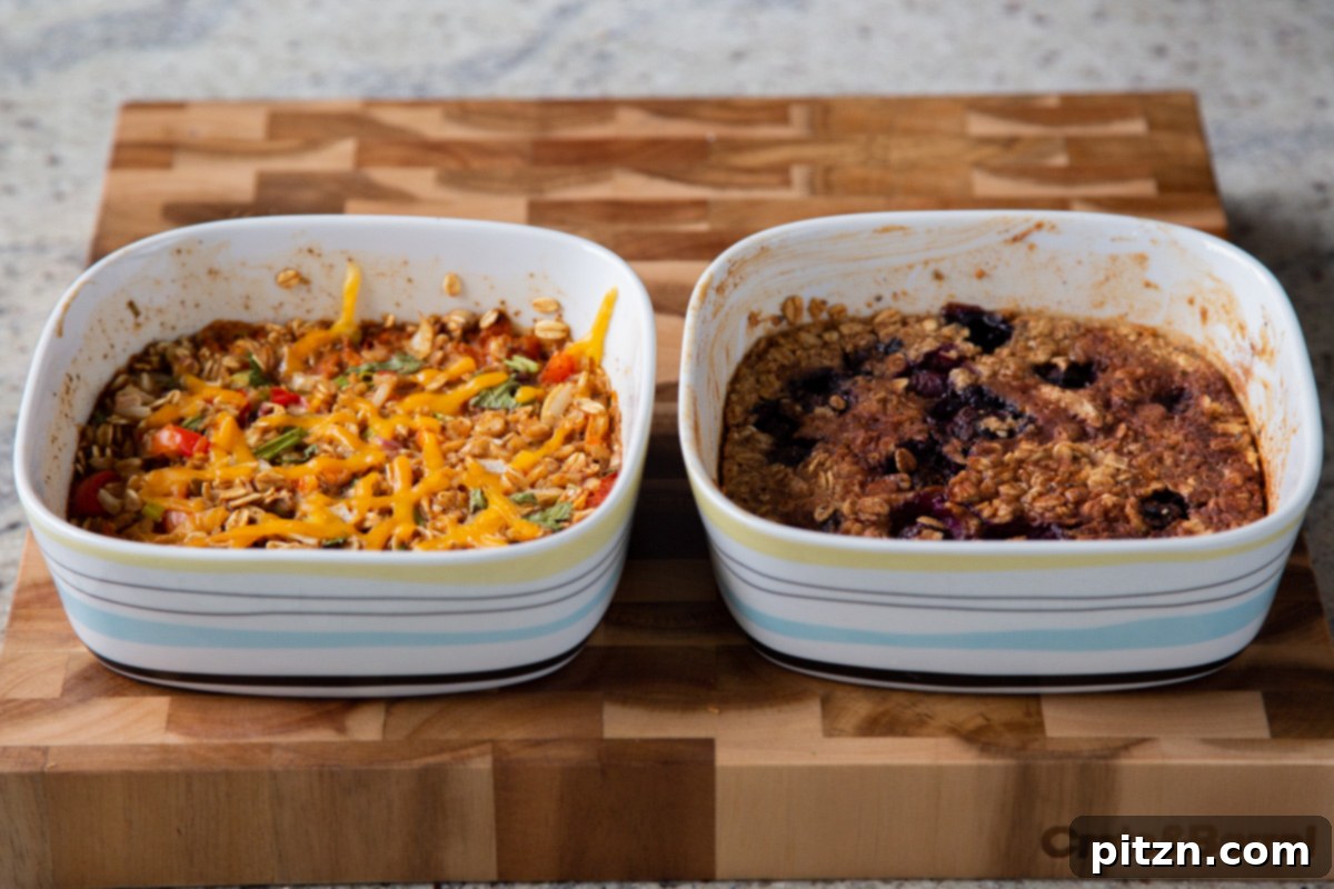 Cozy Baked Oatmeal Gift Mix 20 Baked PB&J oatmeal and Tex-Mex baked oatmeal in their baking dishes, fresh out of the oven, with golden-brown tops.