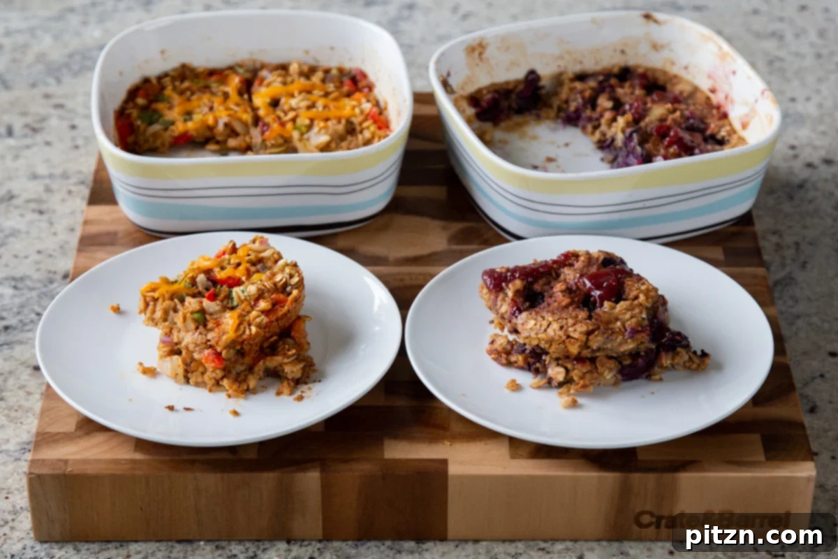 Cozy Baked Oatmeal Gift Mix 21 Two hands serving slices of baked PB&J oatmeal and Tex-Mex baked oatmeal from their respective pans onto plates.
