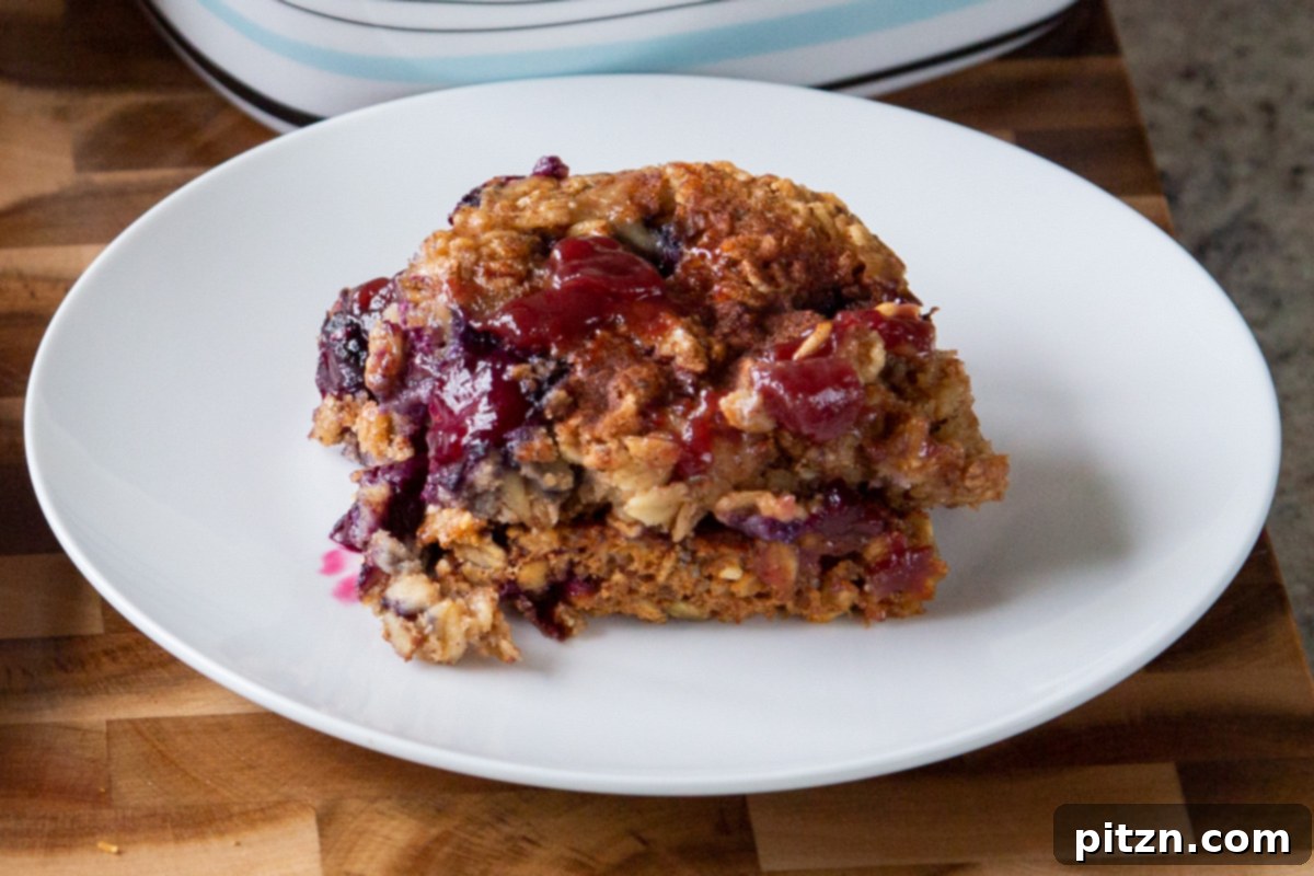 Cozy Baked Oatmeal Gift Mix 23 Close-up shot of sweet PB&J baked oats on a plate, featuring blueberries and a drizzle of peanut butter.