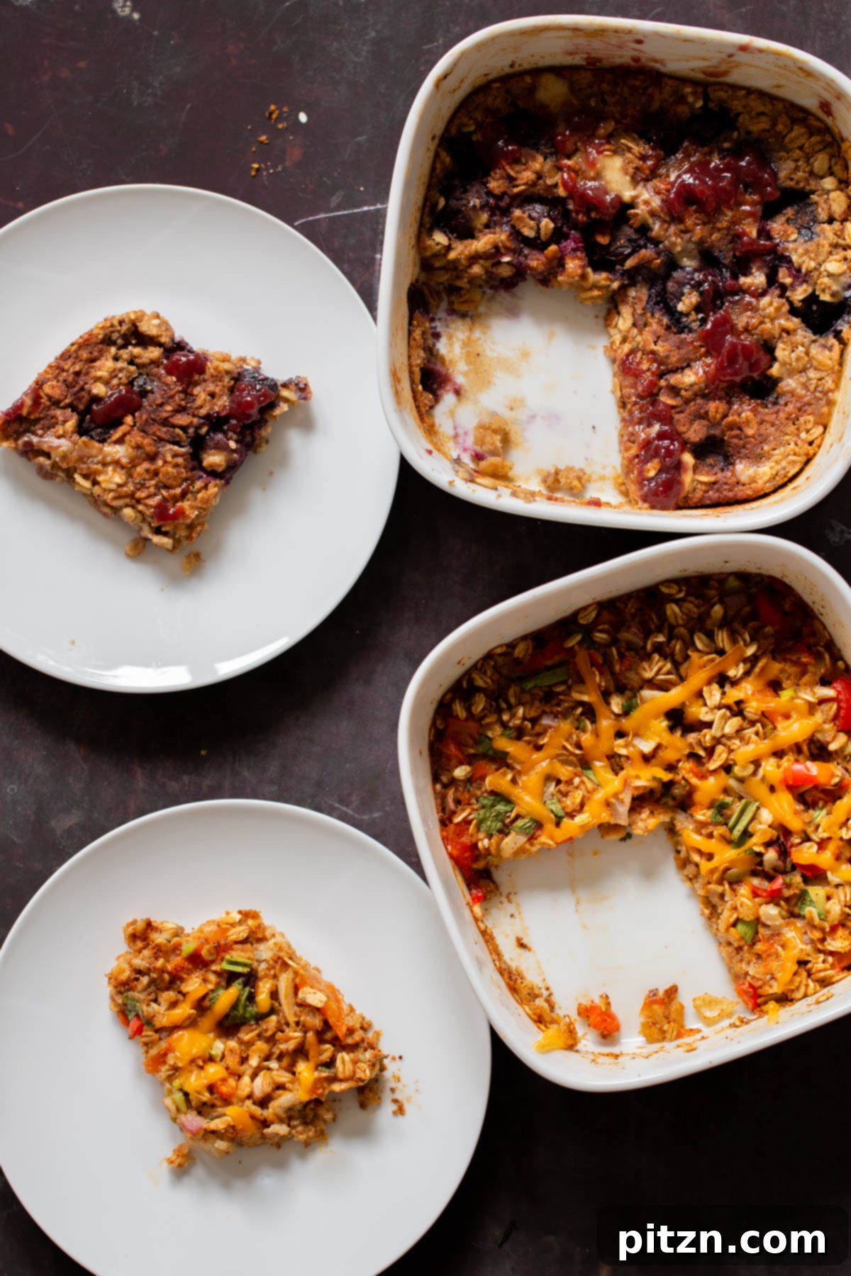 Cozy Baked Oatmeal Gift Mix 5 Plates with servings of baked PB&J oatmeal and Tex-Mex baked oatmeal, artfully arranged and ready for a delicious meal.
