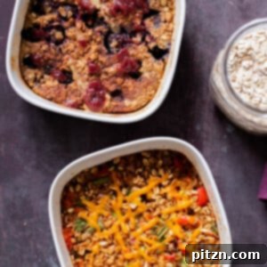 Cozy Baked Oatmeal Gift Mix 6 overhead photo of PBJ baked oats and Tex-Mex baked oats in the baking dishes, after baking