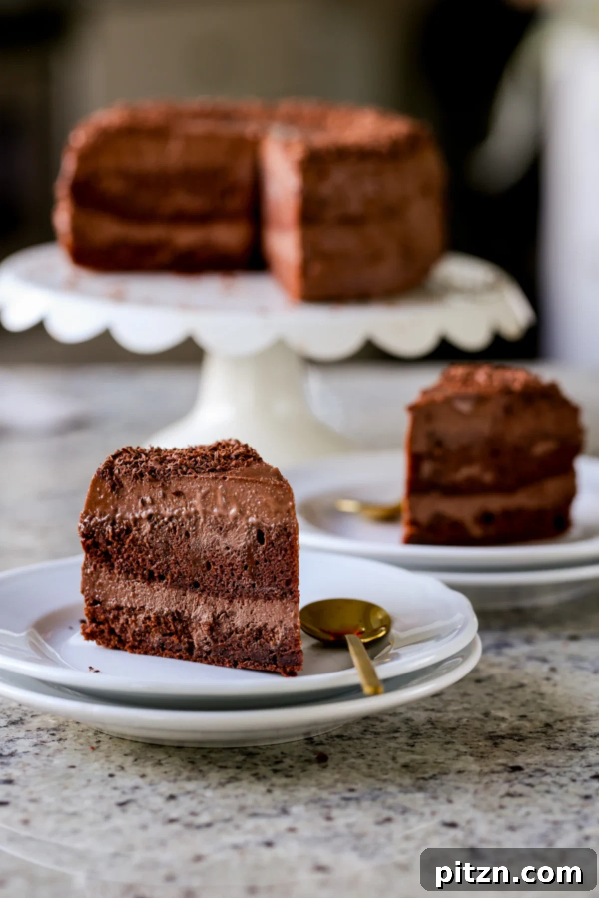 Decadent Vegan Mocha Cake with Velvety Chocolate Mousse (Gluten-Free Option) 2 slices of mocha mousse cake with the whole cake in the background