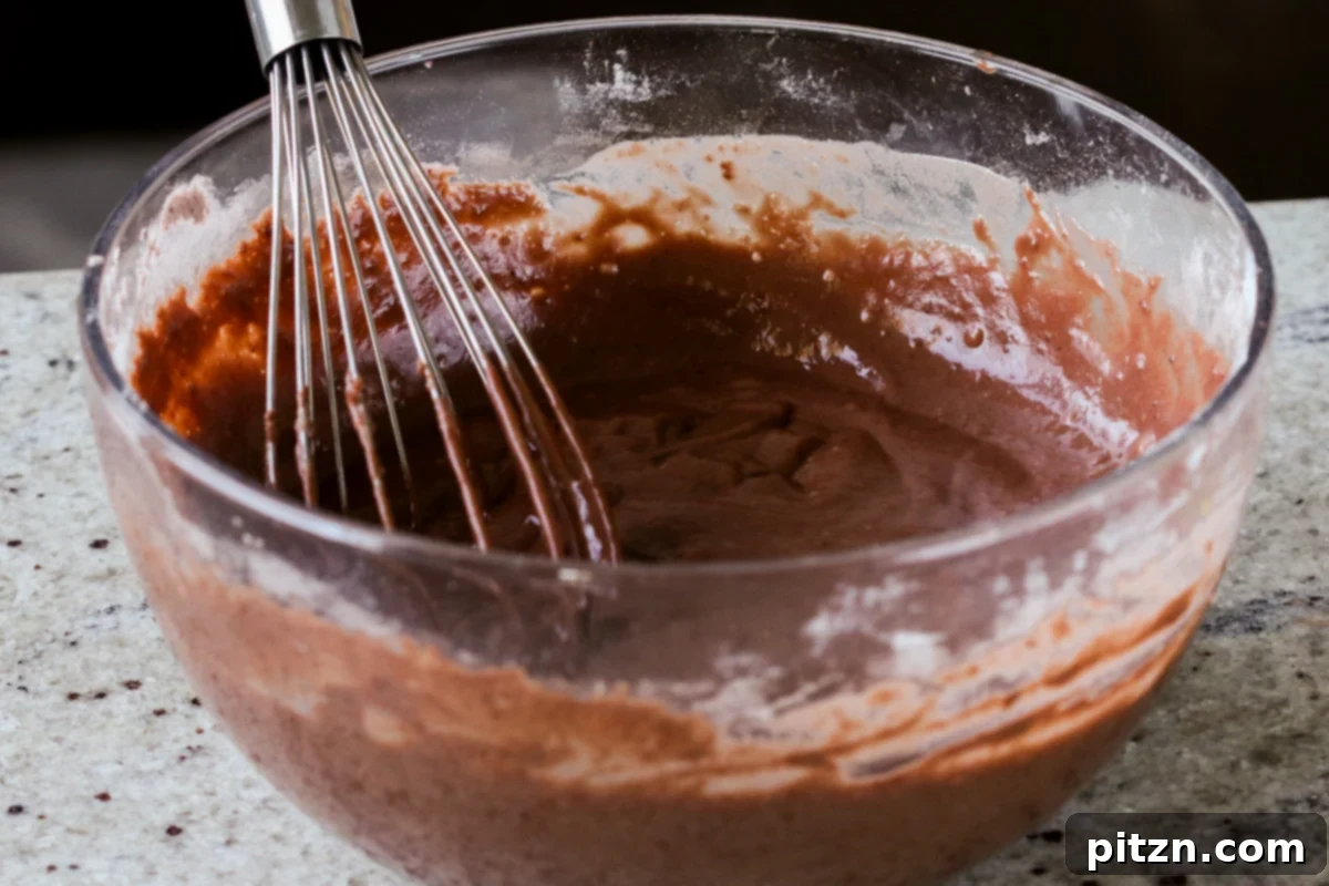 Decadent Vegan Mocha Cake with Velvety Chocolate Mousse (Gluten-Free Option) 9 mocha cake batter in the bowl after adding the wet ingredients