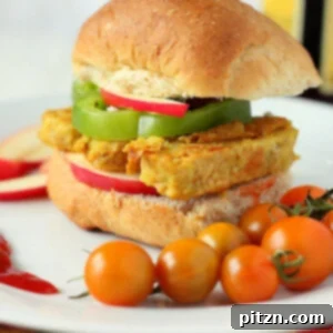 A tempeh fritter in a burger bun served with cherry tomatoes, green chutney, and sriracha