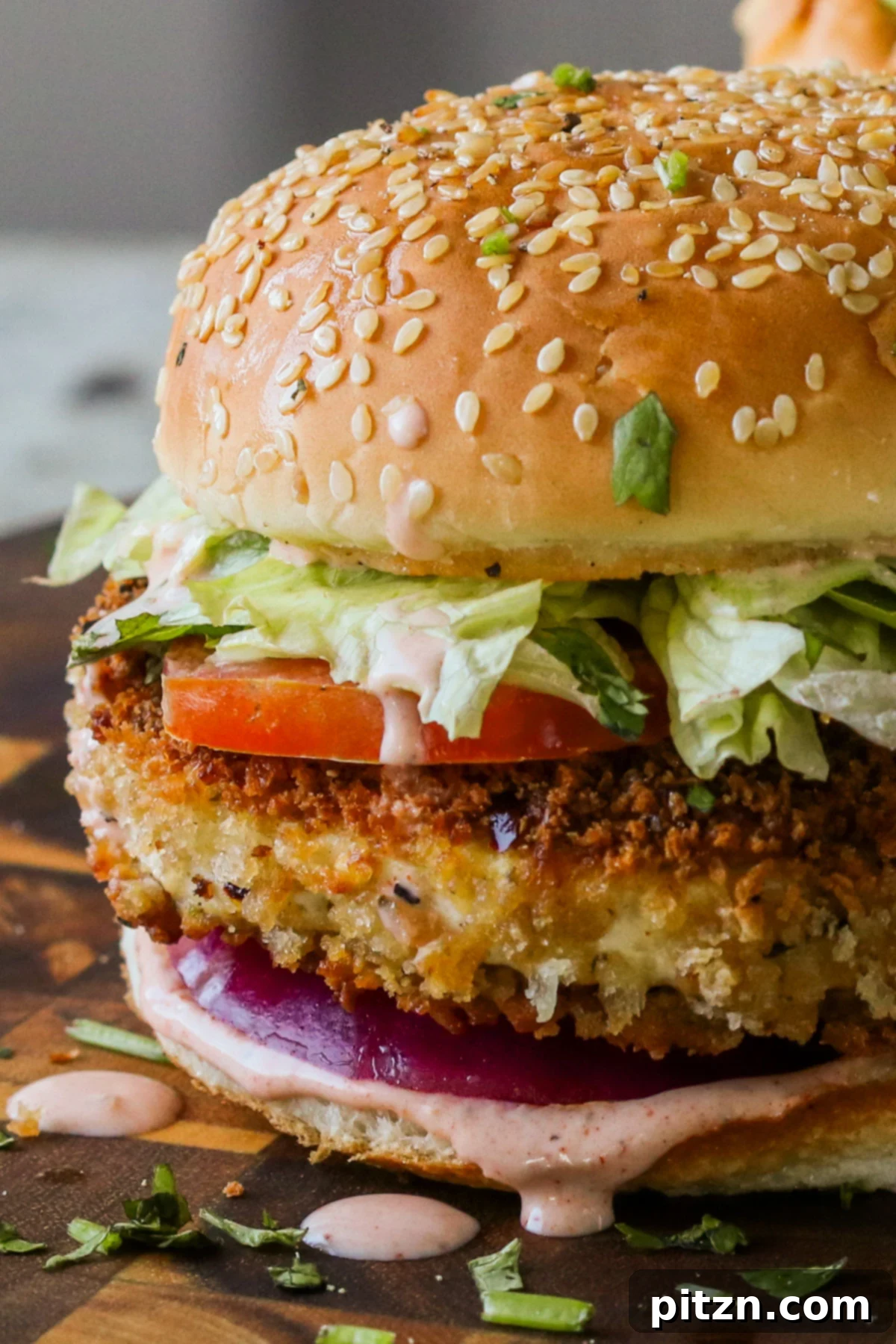 The Inclusive Crispy Vegan Chicken Sandwich 6 close-up of a crispy vegan chicken sandwich