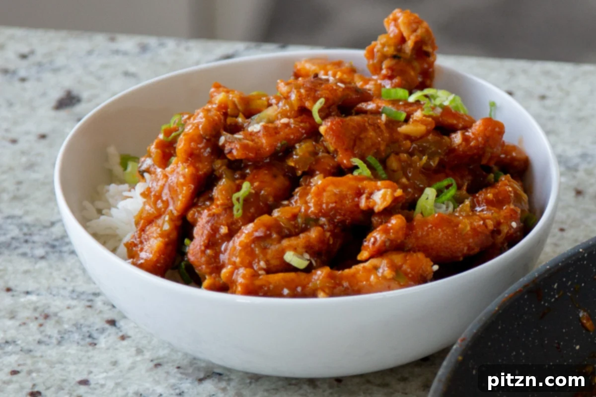 Zesty Indo Chinese Crispy Chicken and Soy Curls Nut Free Gluten Free Soy Free Adaptable 23 crispy Indo Chinese chicken in a bowl with rice and green onions