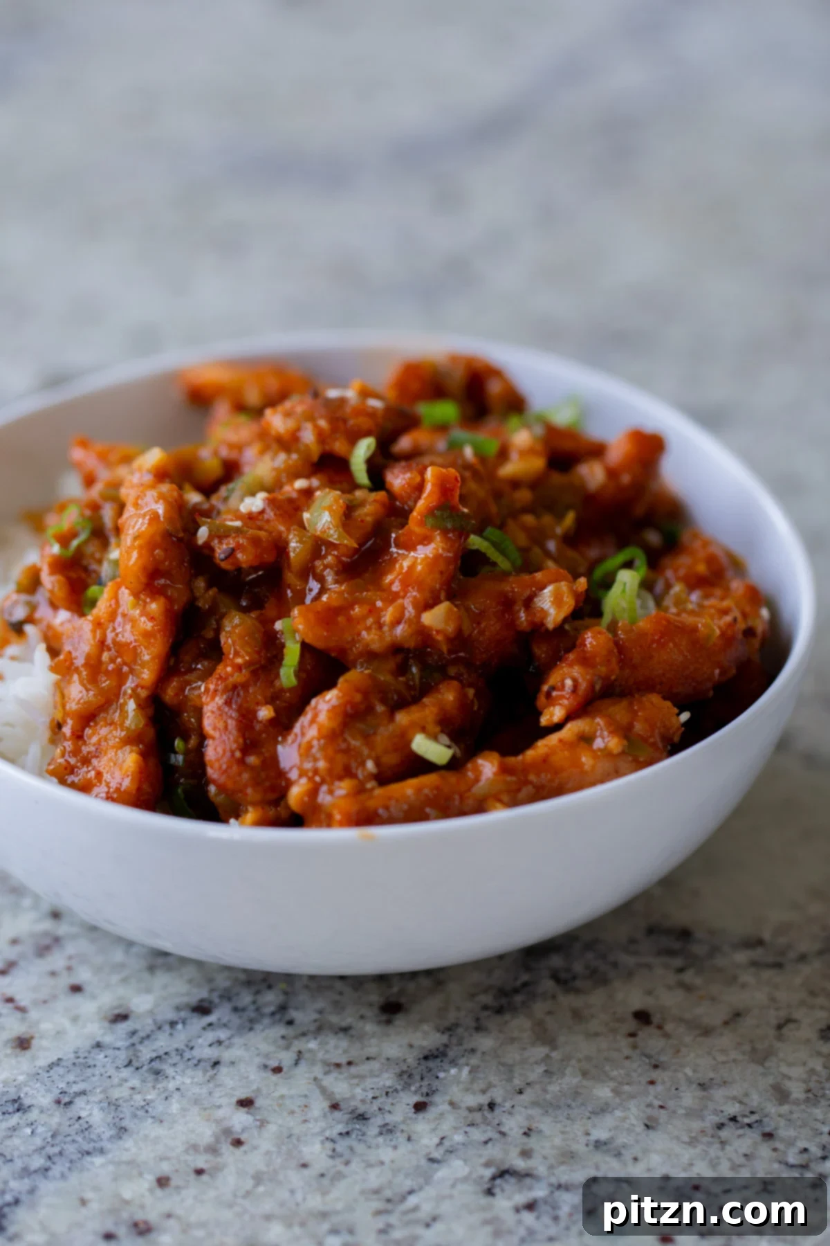 Zesty Indo Chinese Crispy Chicken and Soy Curls Nut Free Gluten Free Soy Free Adaptable 5 crispy Indo Chinese chicken in a bowl with rice and green onions