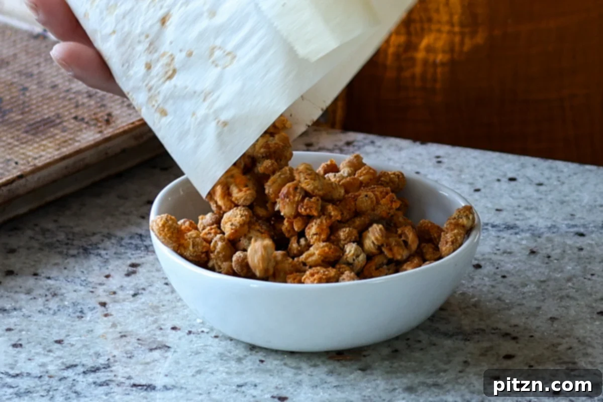 transferring crispy beans to a bowl