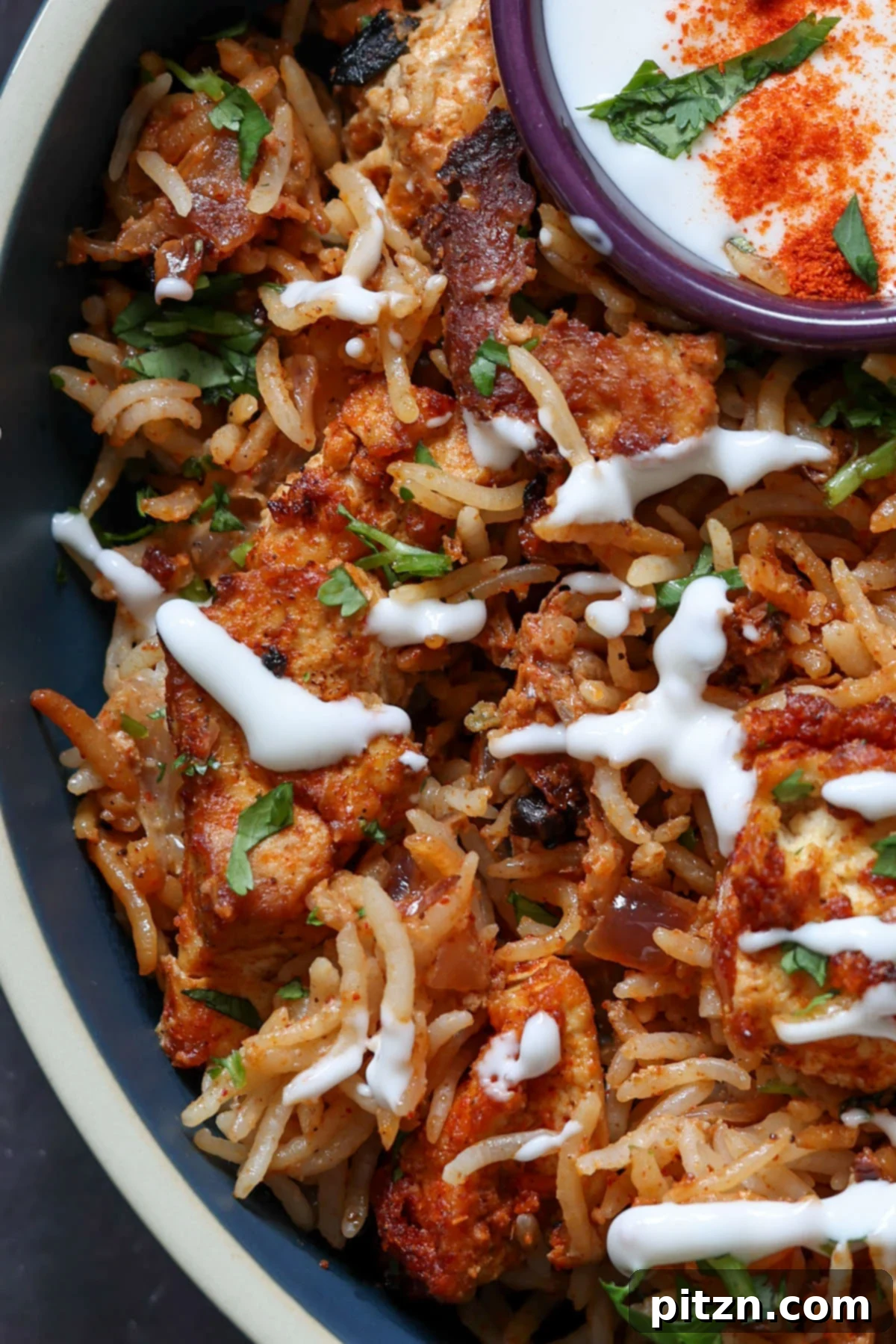 A close-up shot of a serving of Lucknowi Biryani in a bowl, beautifully garnished with fresh cilantro and a dollop of raita.