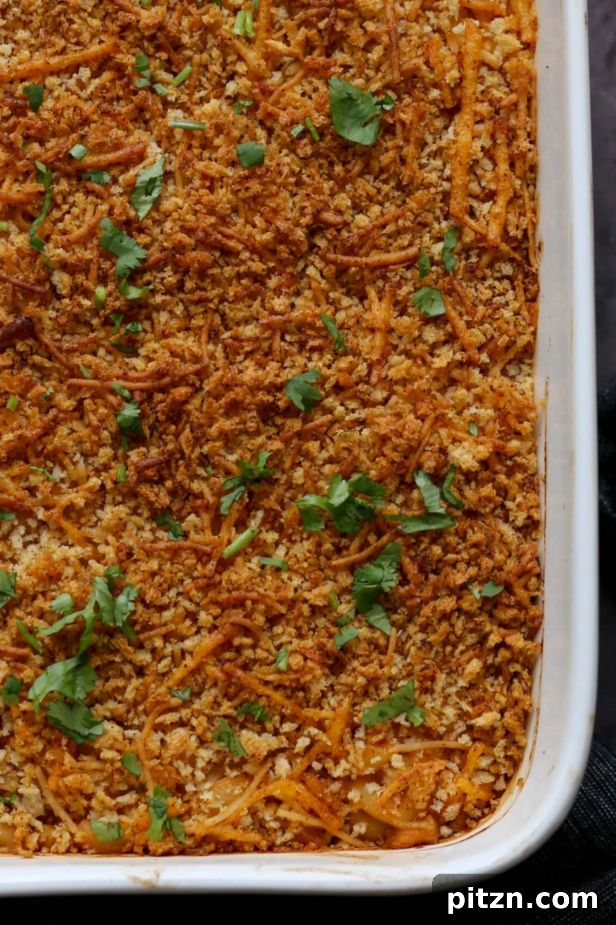 Creamy Smoky Vegan Mac and Cheese Bake 4 close-up of smoky mac and cheese in the pan