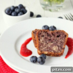 Two slices of moist blueberry apple whole grain cake, garnished with fresh blueberries and a fruit sauce.