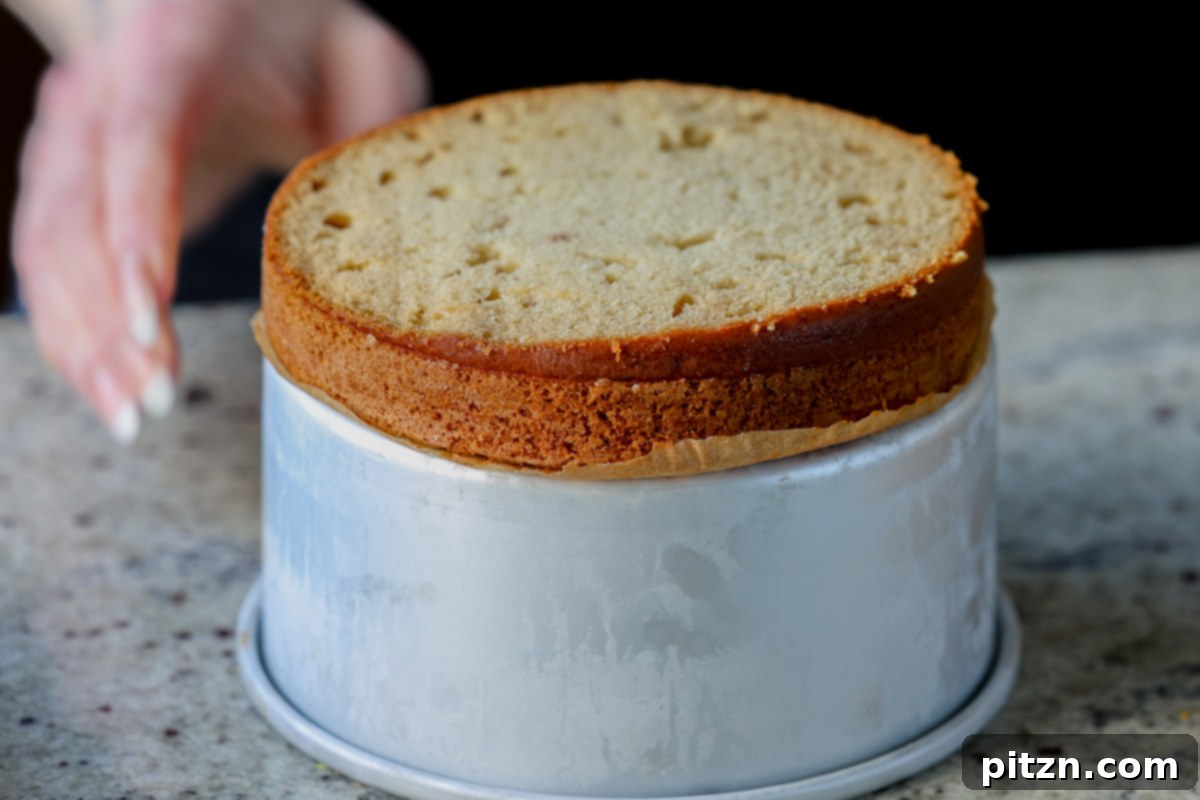Zesty Vegan Lemon Cloud Cake 19 The first layer of vegan lemon cake with its dome sliced off, ready for frosting