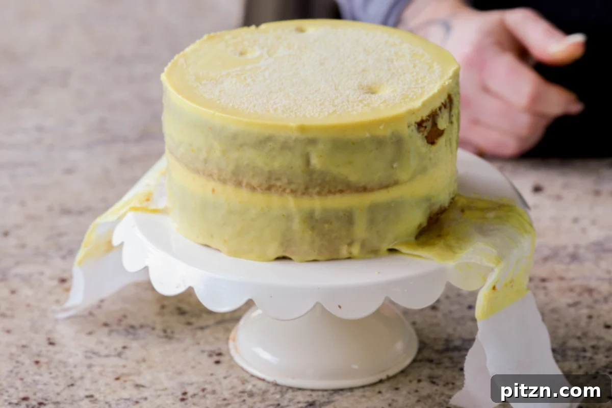 Zesty Vegan Lemon Cloud Cake 25 Frosted vegan lemon cake on a serving tray, adorned with fresh lemon slices and zest