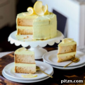 Zesty Vegan Lemon Cloud Cake 7 Vegan lemon cake on a cake stand next to slices, ready to serve.