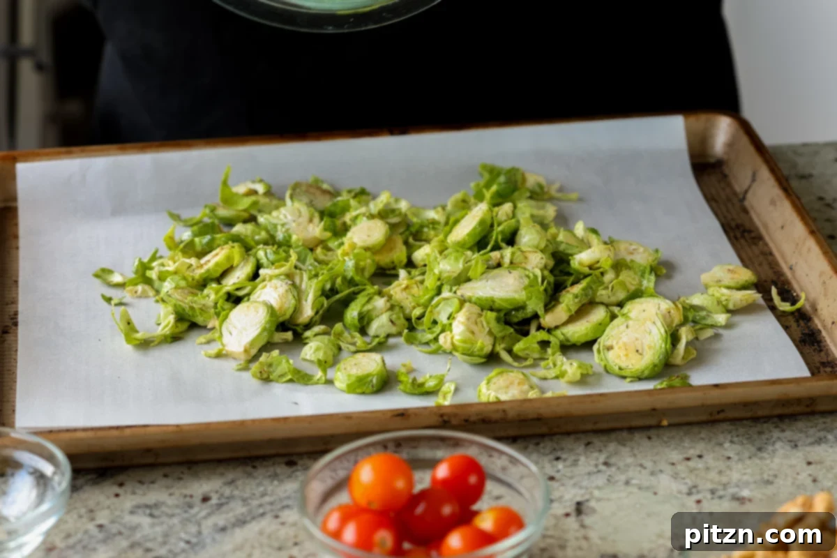 Roasted Shaved Brussels Salad with Walnut Crumble 10 shaved Brussels sprouts on the baking sheet before baking