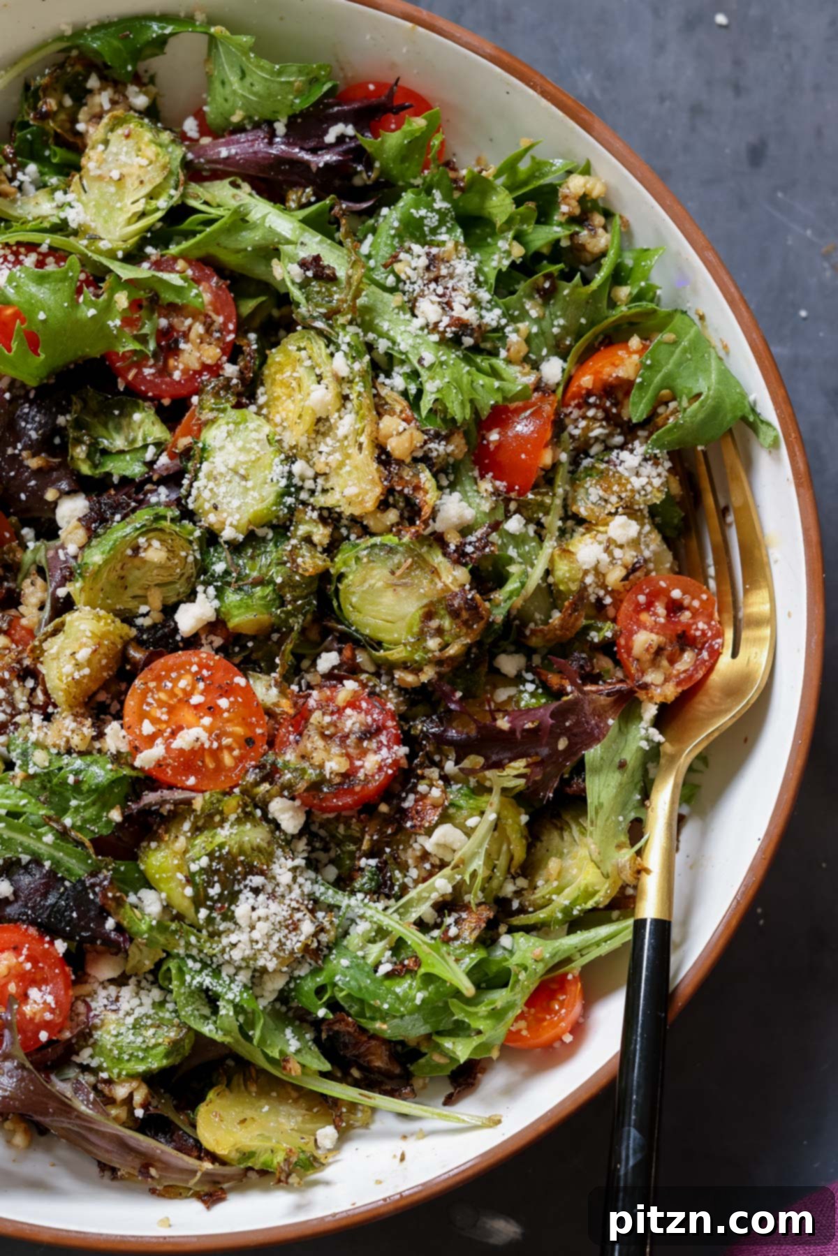 Roasted Shaved Brussels Salad with Walnut Crumble 5 close-up of shaved Brussels sprouts salad in a bowl with tomatoes, lettuce, and walnut crumble
