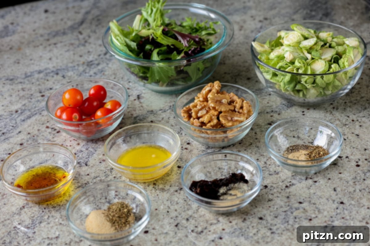 Roasted Shaved Brussels Salad with Walnut Crumble 7 Brussels sprouts salad ingredients in bowls on a kitchen counter