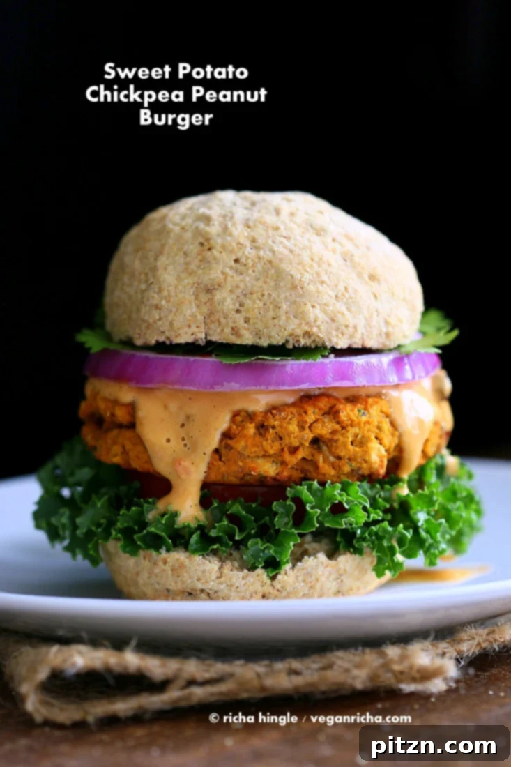 Savory Sweet Potato Peanut Vegan Burgers 2 Delicious Chickpea Sweet Potato Peanut Burgers with a vibrant Asian twist, served fresh.