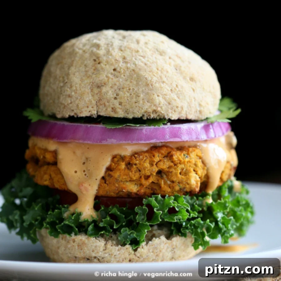 Savory Sweet Potato Peanut Vegan Burgers 5 Close-up of a finished Sweet Potato Peanut Burger, showcasing its delicious texture.