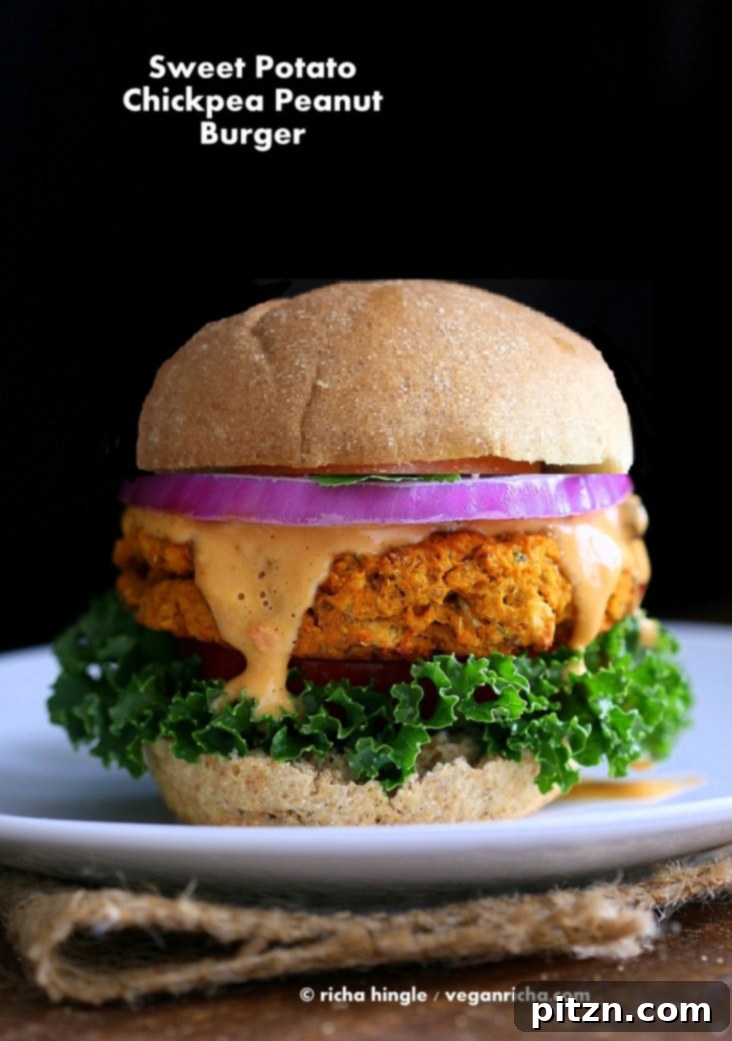 Savory Sweet Potato Peanut Vegan Burgers 6 A selection of delicious Sweet Potato Chickpea Burgers on a wooden board.