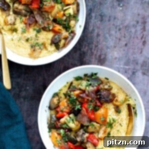 Sheet Pan Ratatouille with Polenta, a bright and colorful chunky summer vegetable stew.