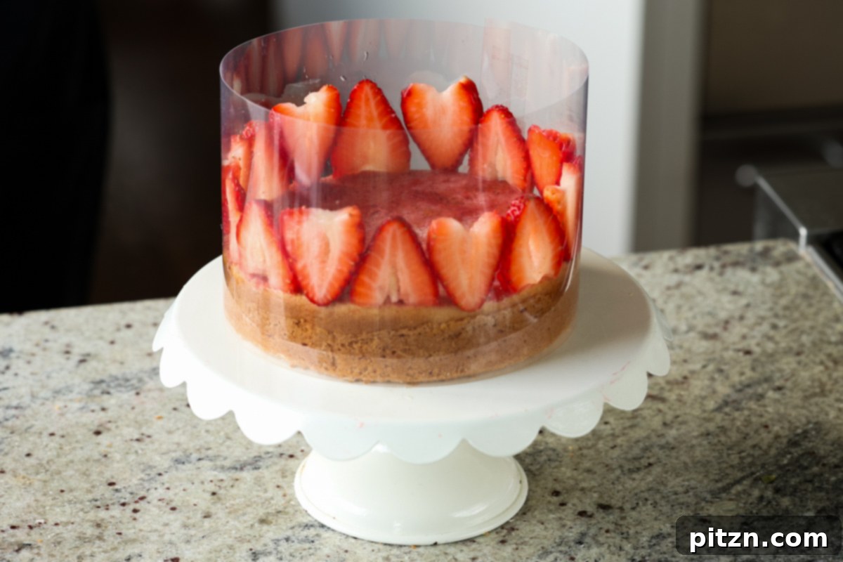 Vegan Strawberry Mousse Cake Gluten Free 24 Arranging thinly sliced fresh strawberries around the edge of the cake inside the collar
