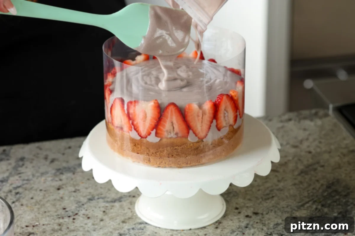 Vegan Strawberry Mousse Cake Gluten Free 25 Pouring the creamy strawberry mousse over the cake base
