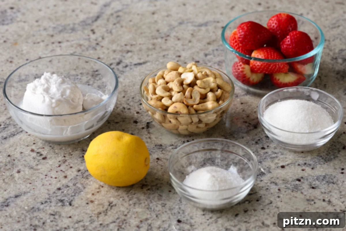Vegan Strawberry Mousse Cake Gluten Free 8 Mousse ingredients including soaked cashews, coconut cream, and sugar in bowls on a kitchen counter