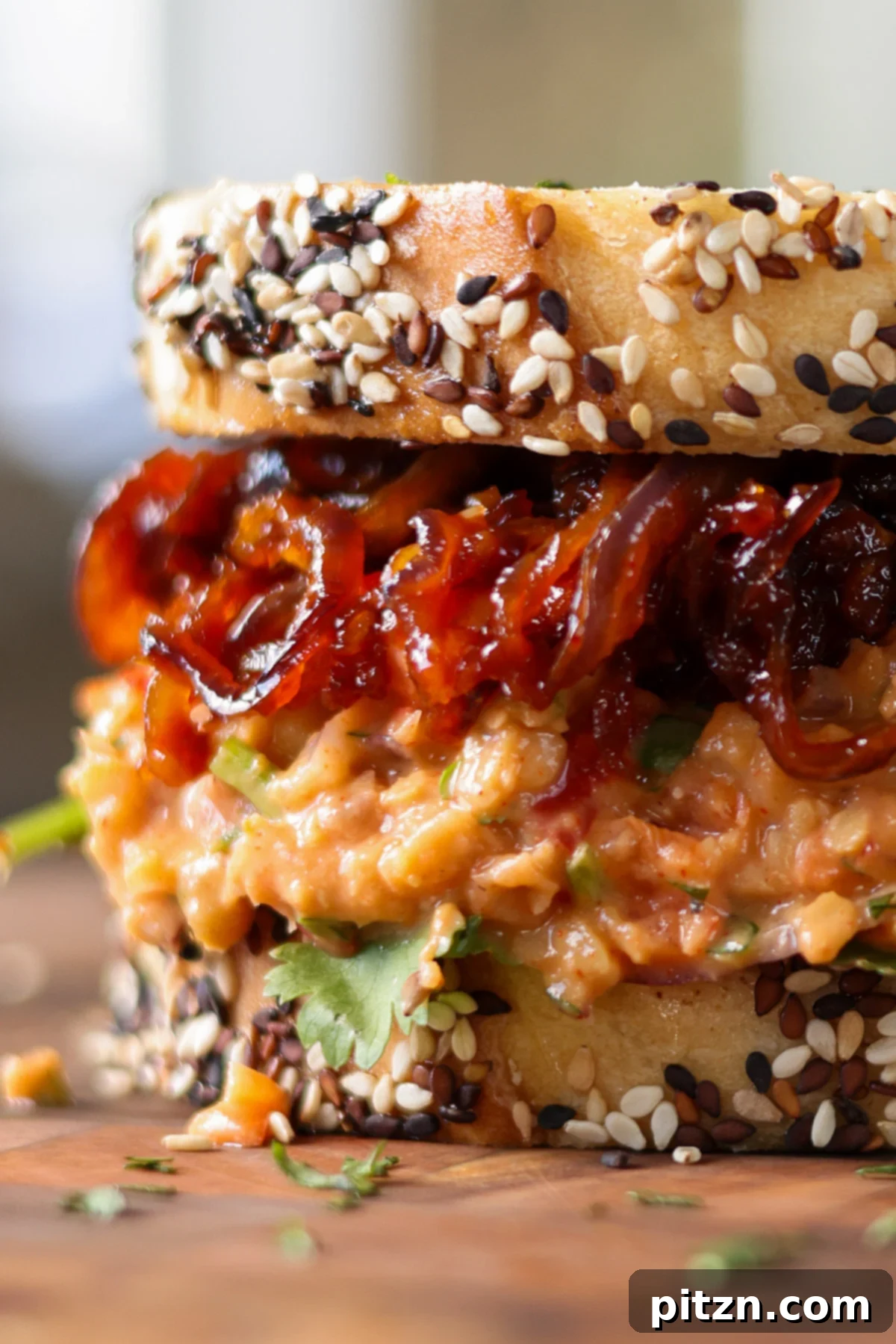 Gochujang Chickpea Sandwich with Sweet and Spicy Caramelized Onions 3 close-up of the gochujang chickpea salad sandwich