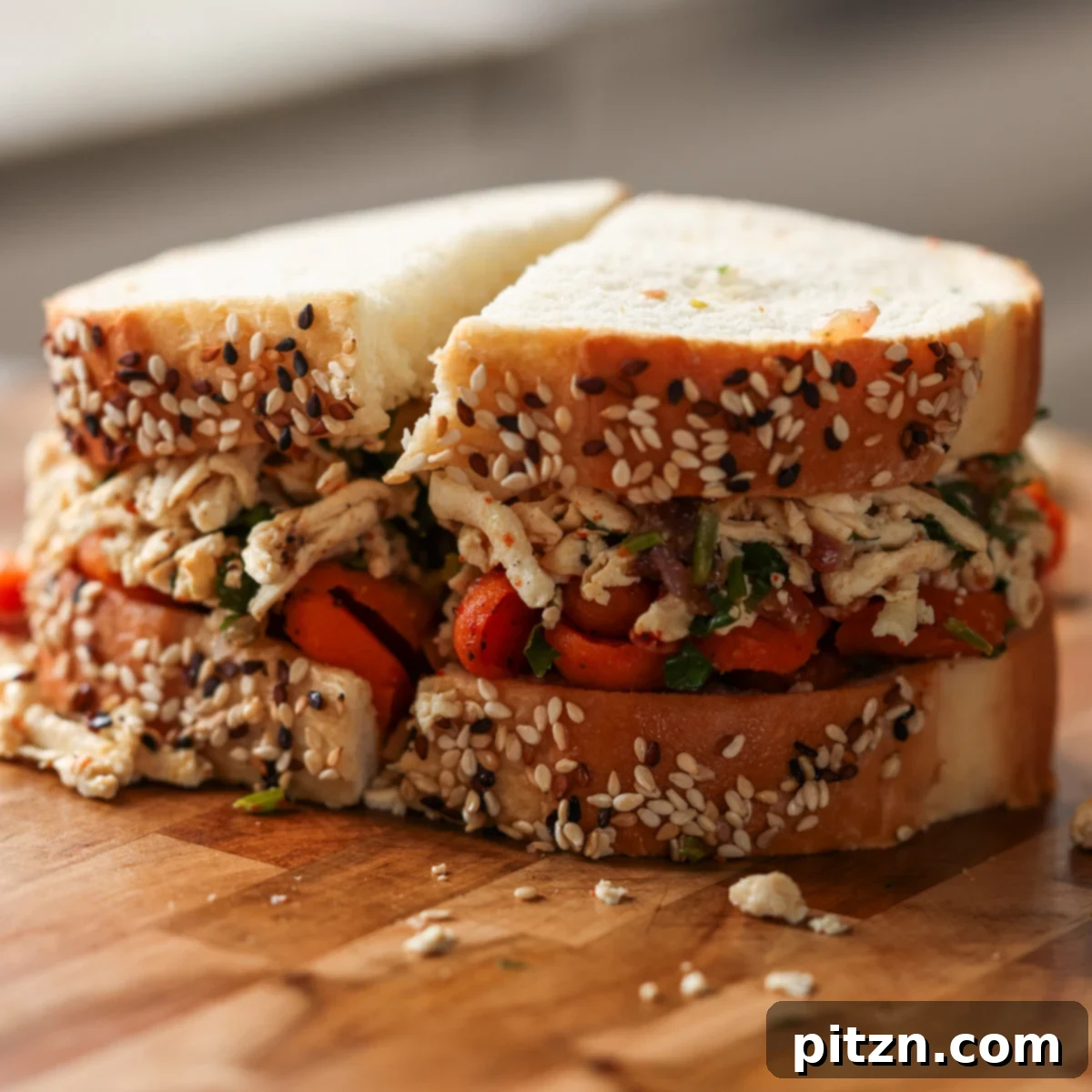 A perfectly sliced sandwich filled with shredded tofu and roasted carrots, showcasing the layers.