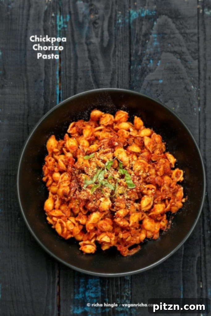 Hearty Vegan Chickpea Chorizo Quinoa Shells in Tomato Sauce