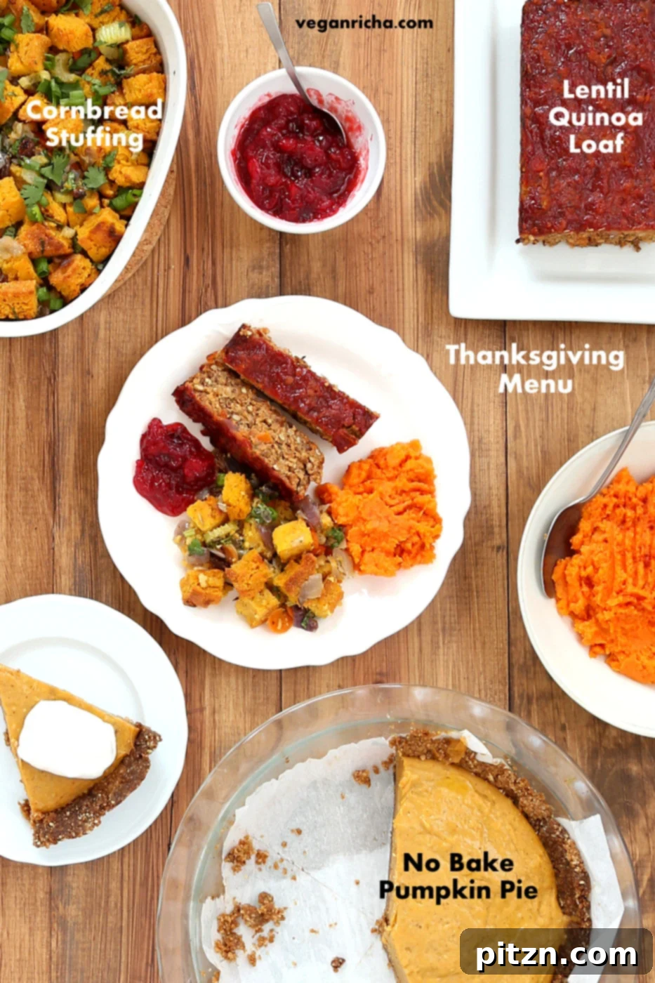 Vegan Thanksgiving Menu with Cornbread Stuffing, Lentil Loaf, Cranberry Sauce, and Sweet Potatoes