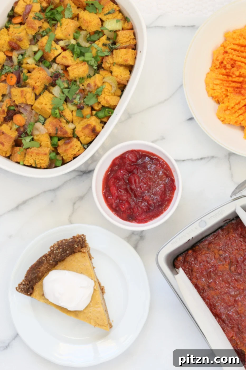 A festive Thanksgiving spread featuring plant-based dishes