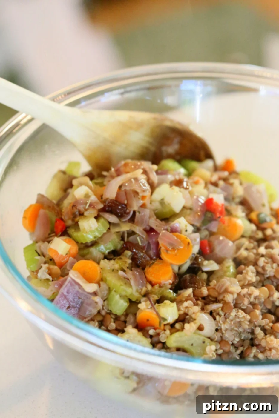 Sautéing vegetables to mix with cooked lentils and quinoa