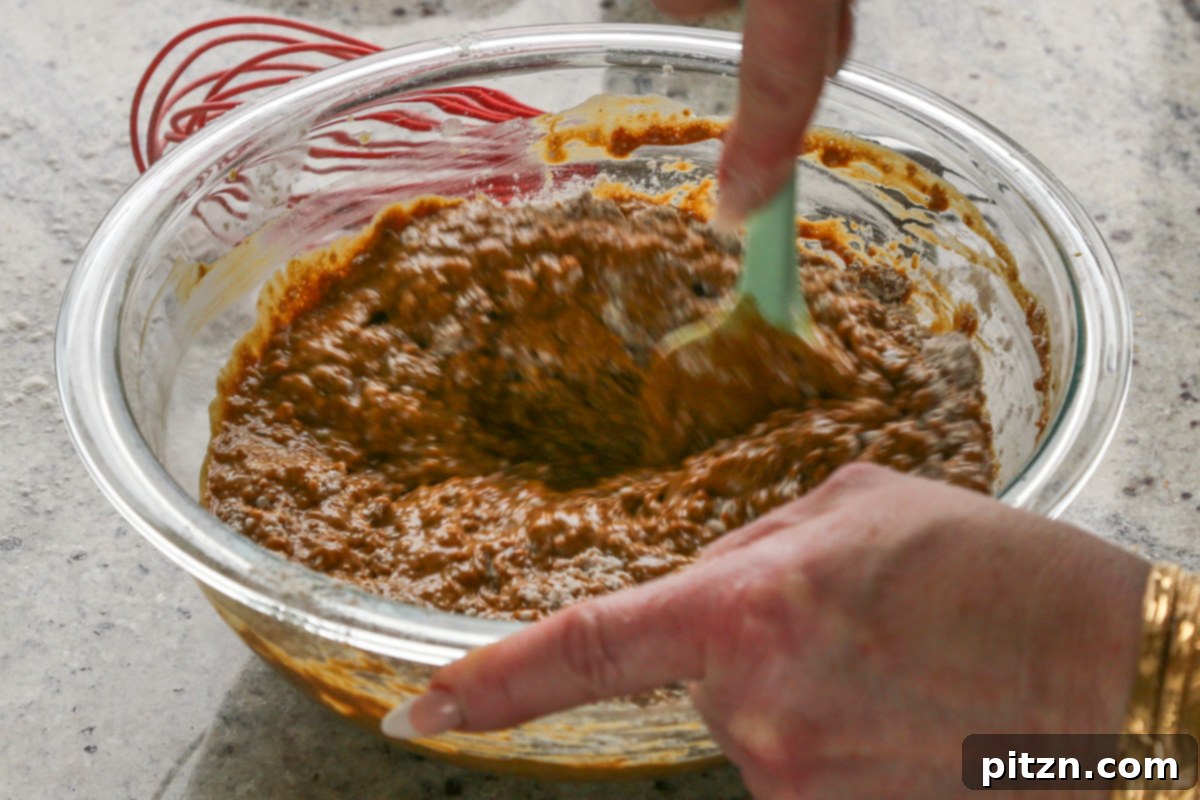 Luscious Triple Ginger Vegan Gingerbread Cake 13 A large mixing bowl showing the vegan gingerbread cake batter being thoroughly mixed until smooth and uniform.